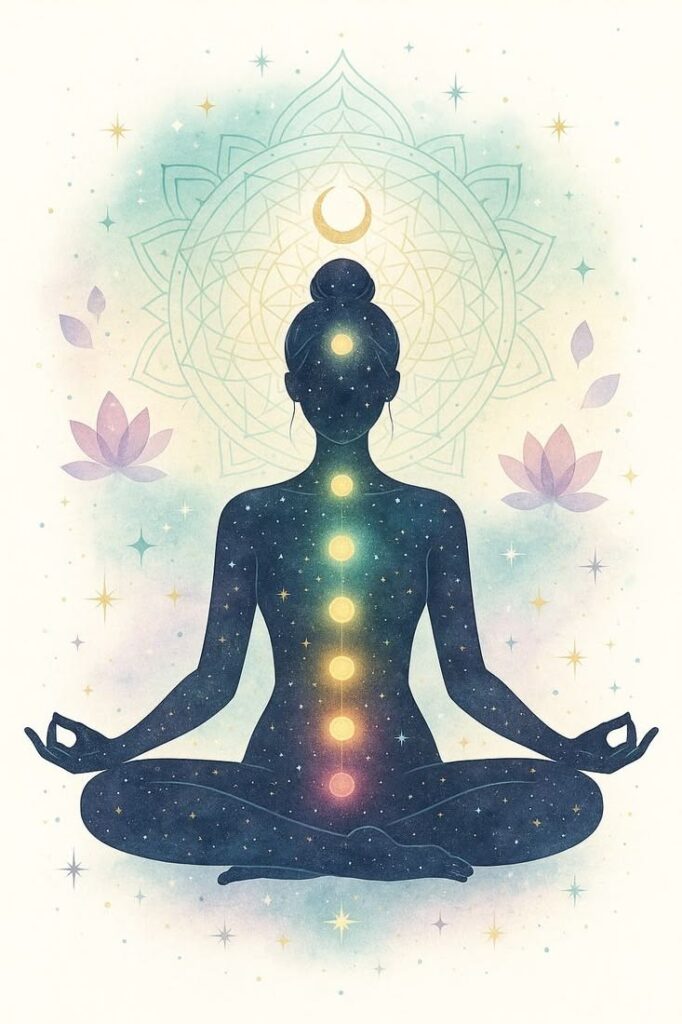 The chakras chakras, symbolizing the inner balance nurtured by Sattvic Ahara.