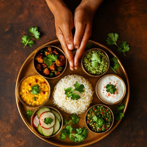 A moment of gratitude before a wholesome Sattvic Ahara meal, embracing slow and mindful eating