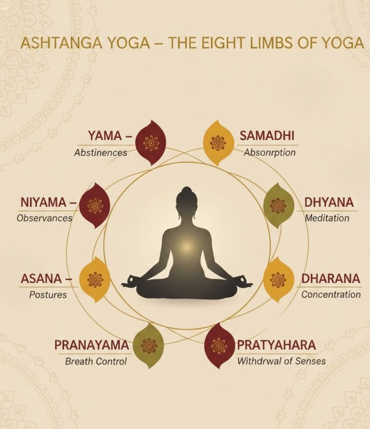 The eight limbs of Ashtanga Yoga — a sacred journey from ethical discipline to enlightened awareness